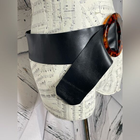 Black leather belt faux tortoise shell buckle - Picture 3 of 5